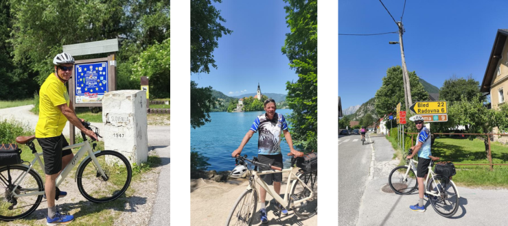 Bildercollage. Erstes Bild: Ein Mann mit schwarzer Radhose, schwarzen Turnschuhen, einem gelben T-Shirt und weißem Fahrradhelm sitzt auf seinem weißen Geero E-Bike. Im Hintergrund sieht man einen Grenzstein von Slowenien und eine Grenztafel nach Italien sowie grüne Bäume. Zweites Bild: Ein Mann steht vor dem See Bled hinter seinem weißen Geero E-BIke. Er trägt eine schwarze Fahrradhose, schwarze Schuhe, eine Sonnenbrille und ein blau-weißes T-Shirt. Im Hintergrund sieht man das blaue Wasser und eine kleine Insel mit einer weißen Kirche. Drittes Bild: Ein Mann steht mit seinem weißen Geero E-Bike an einer Kreuzung. Er trägt ein weiß-blaues T-Shir, eine schwarze kurze Hose, einen weißen Helm und schwarze Schuhe. Auf seinem Rad ist eine Fahrradtasche zu erkennen. Im Hintergrund sieht man ein gelbes Straßenschild auf dem Bled 22 und Radovna 6 steht. In der Ferne sieht man einen Berg und einen Radfahrer sowie Teile eines braunen Hauses mit Weinreben im Garten.
