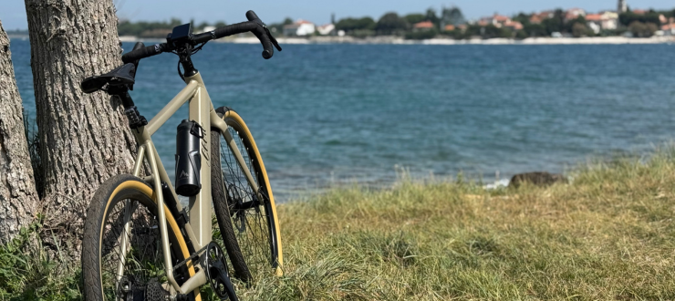 Ein Geero Gravel E-Bike in Armee-Grün lehnt in einer grünen Wiese an einem Baum und blickt in Richtung Meer.