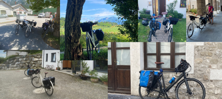 Bildercollage aus 6 Fotos. Bild 1: Ein schwarzes und ein weißes Geero E-Bike stehen mit Doppeltaschen beladen vor einem Gasthaus. Daneben lehnen andere Fahrräder an einem Baum. Bild 2: Ein weißes Geero E-Bike steht in einer grünen Wiese neben einem Baum. Im Hintergrund sind Berge zu sehen. Bild 3: Ein schwarzes und ein weißes Geero E-Bike stehen mit Doppel-Fahrradtaschen, Helmen und einer Lenkertasche beladen vor einem weißen Wohnhaus. Bild 4: Ein Mann steht neben einem schwarzen und weißen Geero E-Bike unter Gewölbebögen eines historischen Gebäudes. Er trägt ein rotes T-Shirt, einen schwarzen Fahrradhelm, schwarze Radhose und schwarze Schuhe sowie eine Sonnenbrille. Bild 5: Ein weißes und ein schwarzes Geero E-Bike stehen vollbeladen vor einem weißen Apartment. Bild 6: Ein schwarzes Geero E-Bike lehnt an einer steinernen Hauswand vor einem dunkelbraunen Hozfenster. Es ist mit einer Doppeltasche beladen und am Rahmen ist ein Flaschenhalter montiert. Am Lenker hängt ein schwarzer Helm.